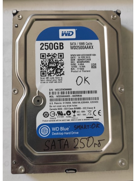 Жесткий диск SATA 3.5" WD BLUE 250гб, Б/У, без BADов , wd2500aakx, wcc2ew399980